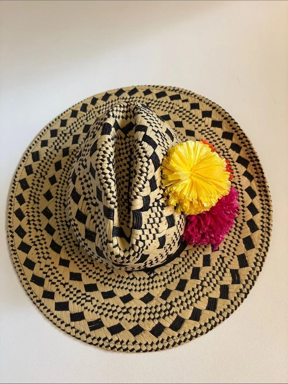 Vintage Helene Berman Resort Pom Pom Straw Hat ~ New With Tags ~ Made in Italy